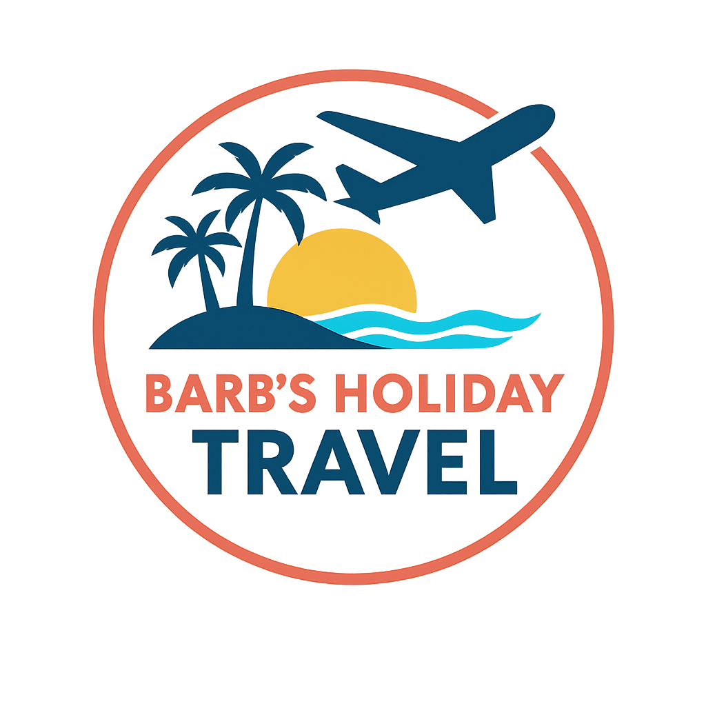 Barb's Holiday Travel logo featuring a plane, palm trees, and a sunset.